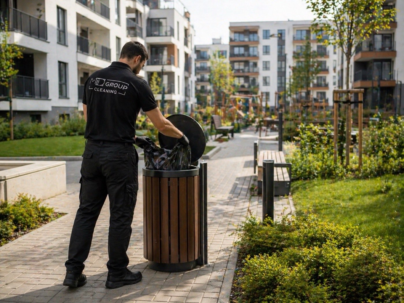 Pracownik MD Group Cleaning opróżnia kosz uliczny przy osiedlu