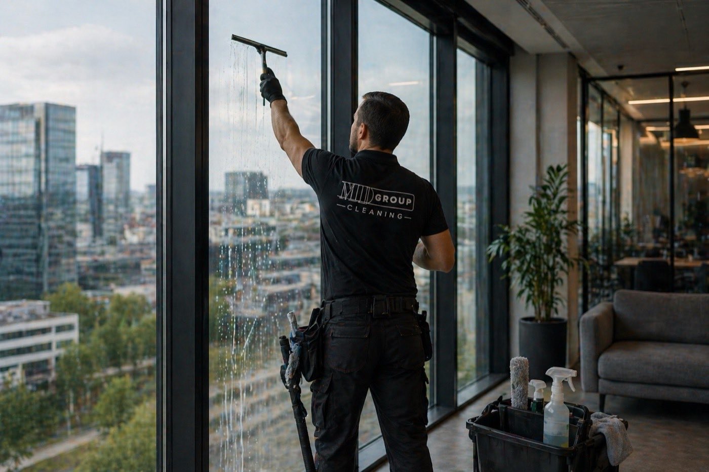Pracownik MD Group Cleaning myjacy przeszklenia z widokiem na miasto