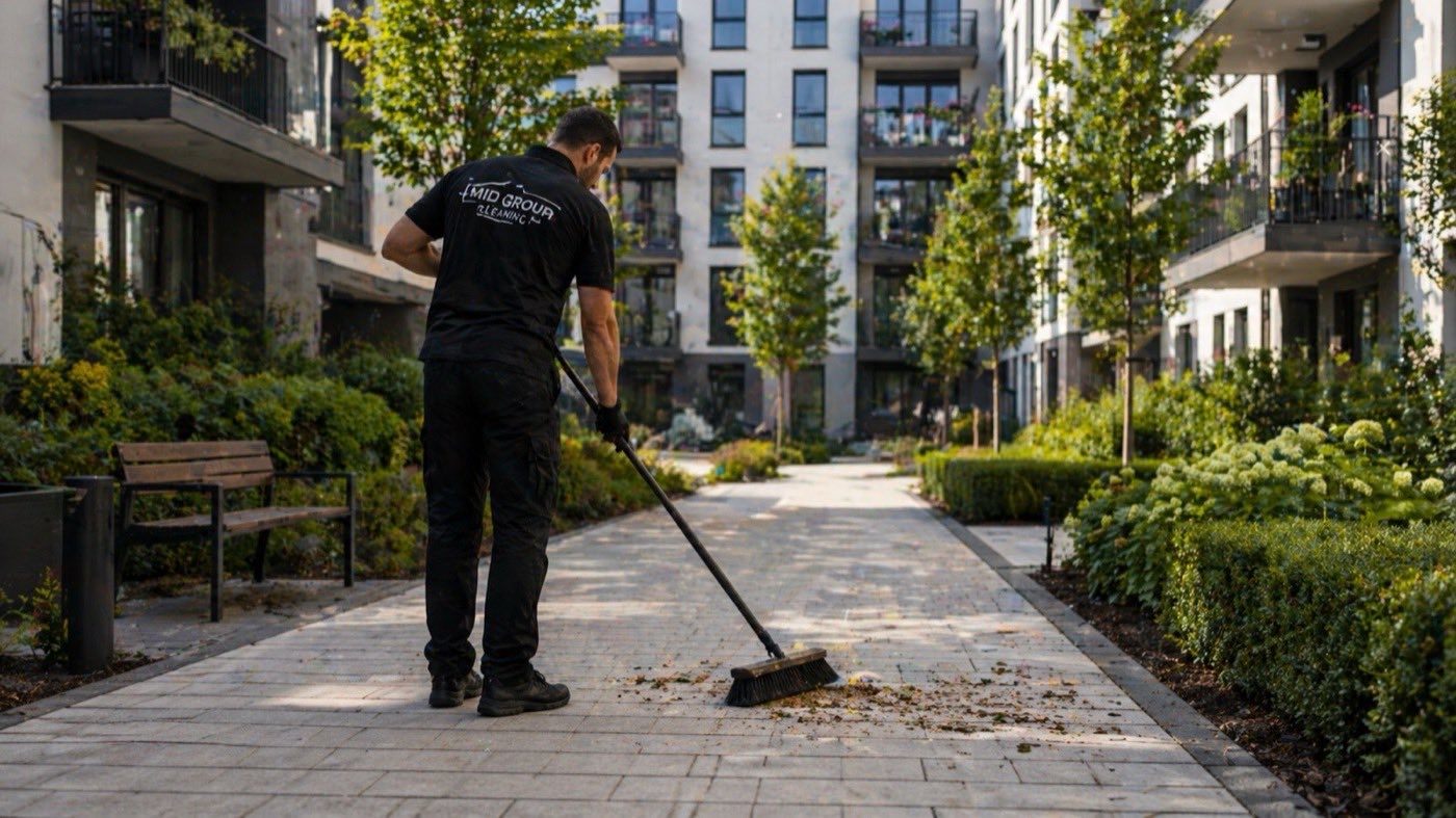 Pracownik MD Group Cleaning sprząta teren przy bloku mieszkaniowym